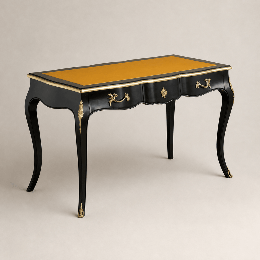French Louis XV-Style Black Lacquer Desk with Custom Leather Top - La Maison London