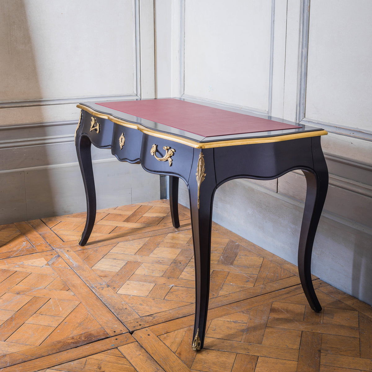 French Louis XV - Style Black Lacquer Desk with Custom Leather Top - La Maison London