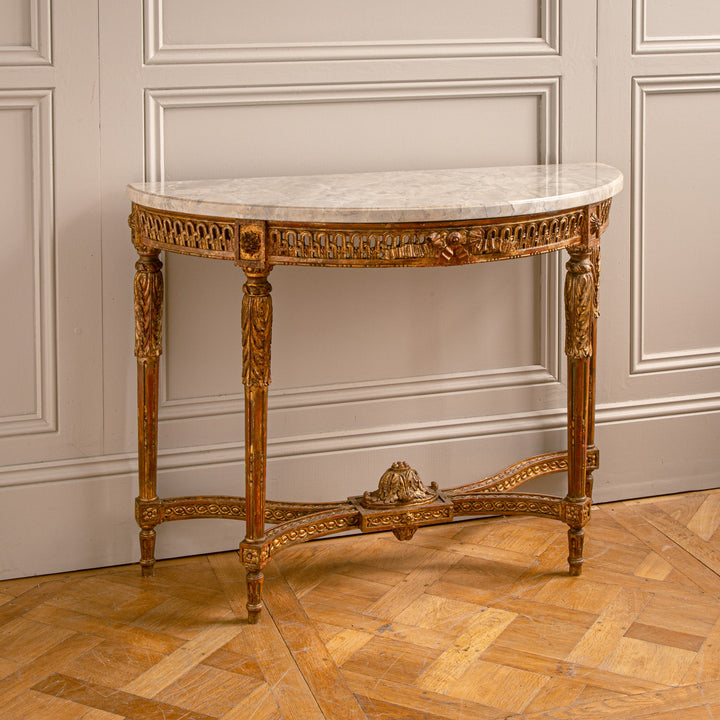 French Louis XVI Style Demi - Lune Console By La Maison London, Hand Carved - La Maison London