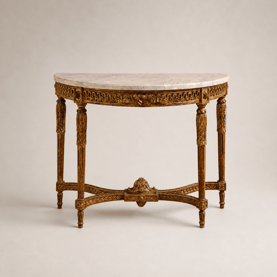 French Louis XVI Style Demi-Lune Console By La Maison London, Hand Carved - La Maison London