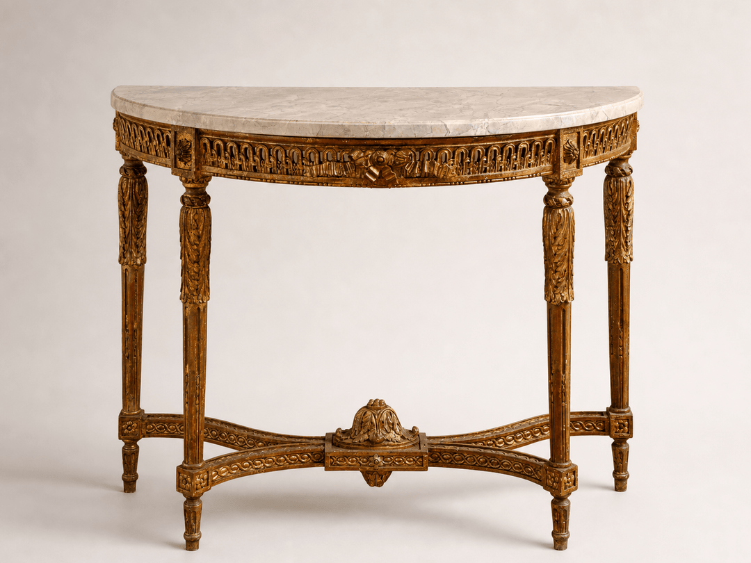 French Louis XVI Style Demi-Lune Console By La Maison London, Hand Carved - La Maison London