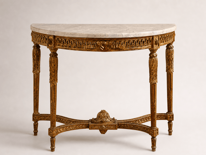 French Louis XVI Style Demi-Lune Console By La Maison London, Hand Carved - La Maison London
