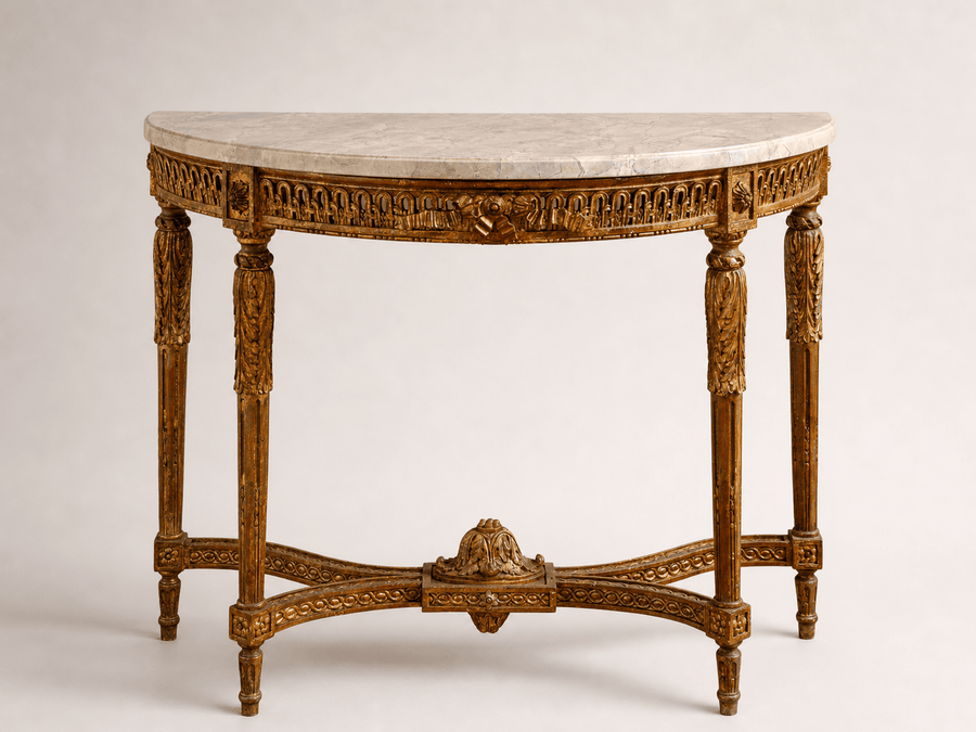 French Louis XVI Style Demi-Lune Console By La Maison London, Hand Carved - La Maison London