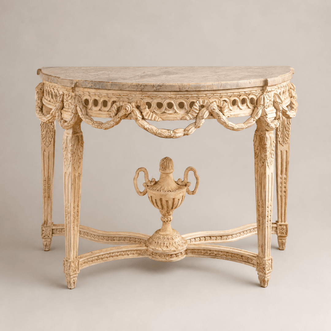 French Louis XVI Style Demi-Lune Console With Marble - La Maison London