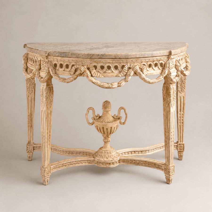 French Louis XVI Style Demi-Lune Console With Marble - La Maison London