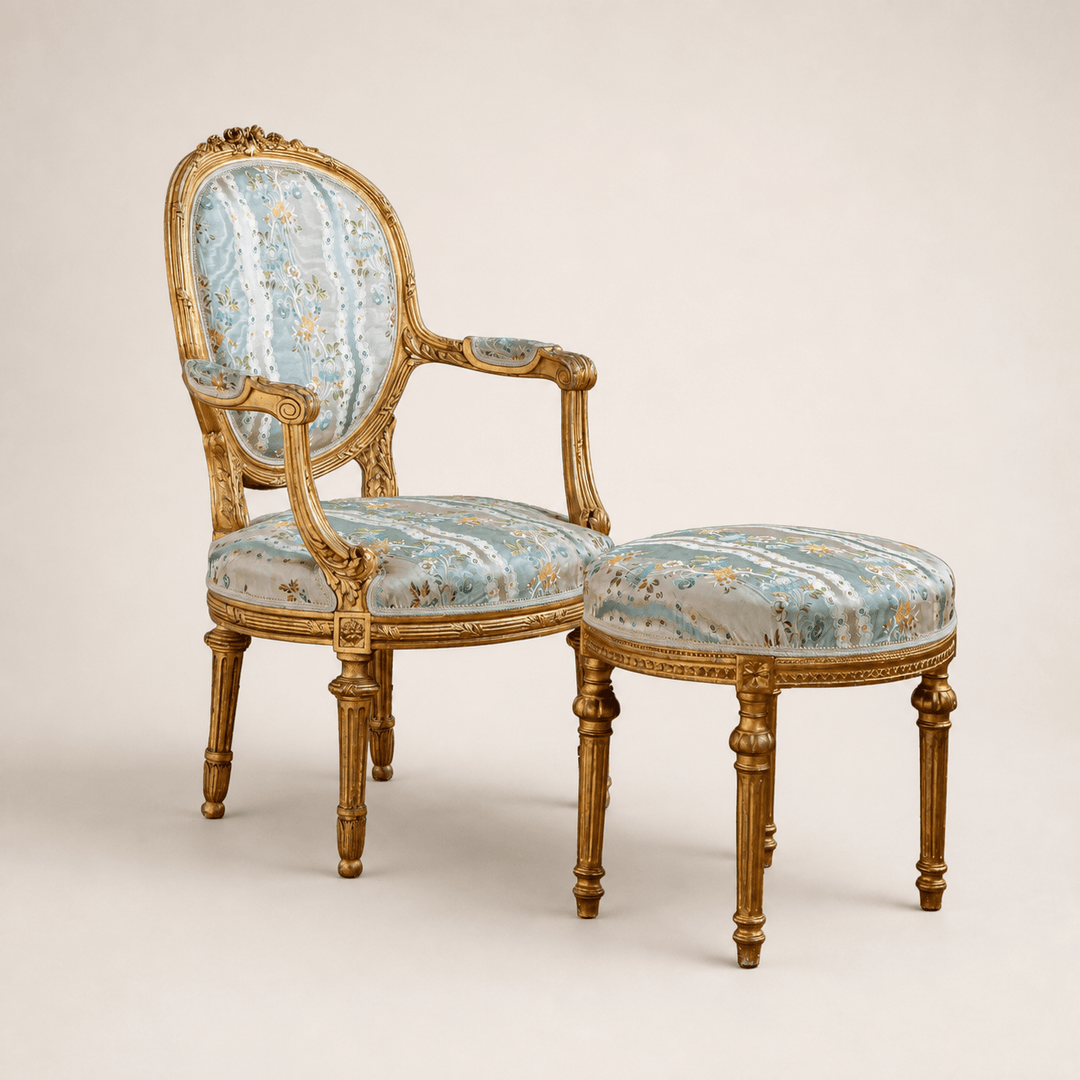French Louis XVI Style Giltwood Armchair & Foot stool, Circa Late 1800's - La Maison London