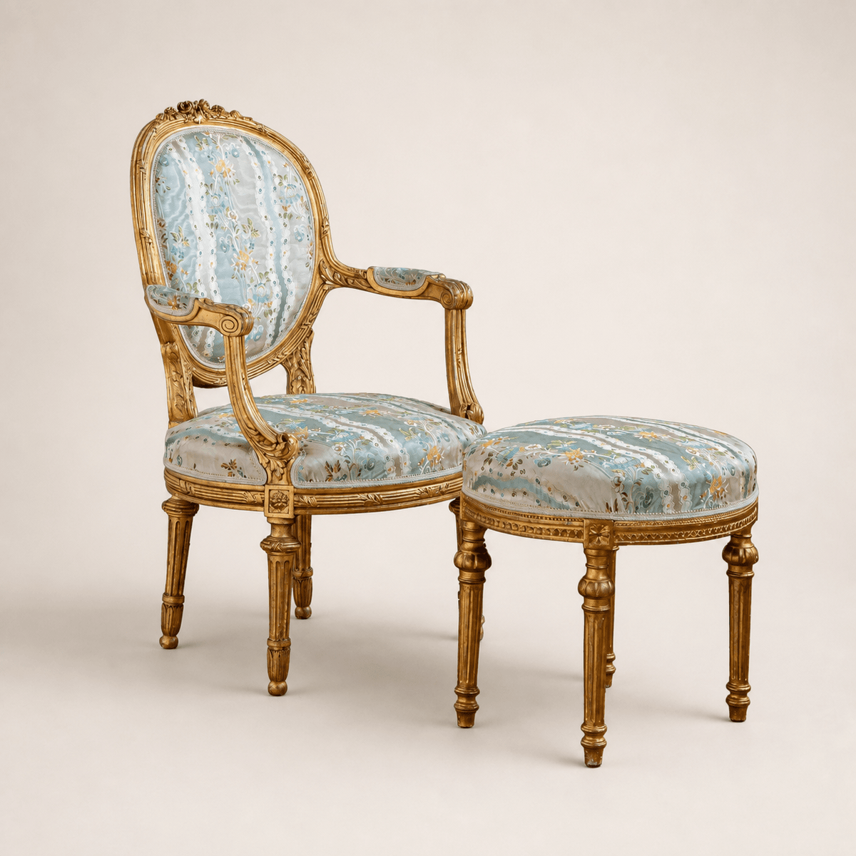French Louis XVI Style Giltwood Armchair & Foot stool, Circa Late 1800's - La Maison London