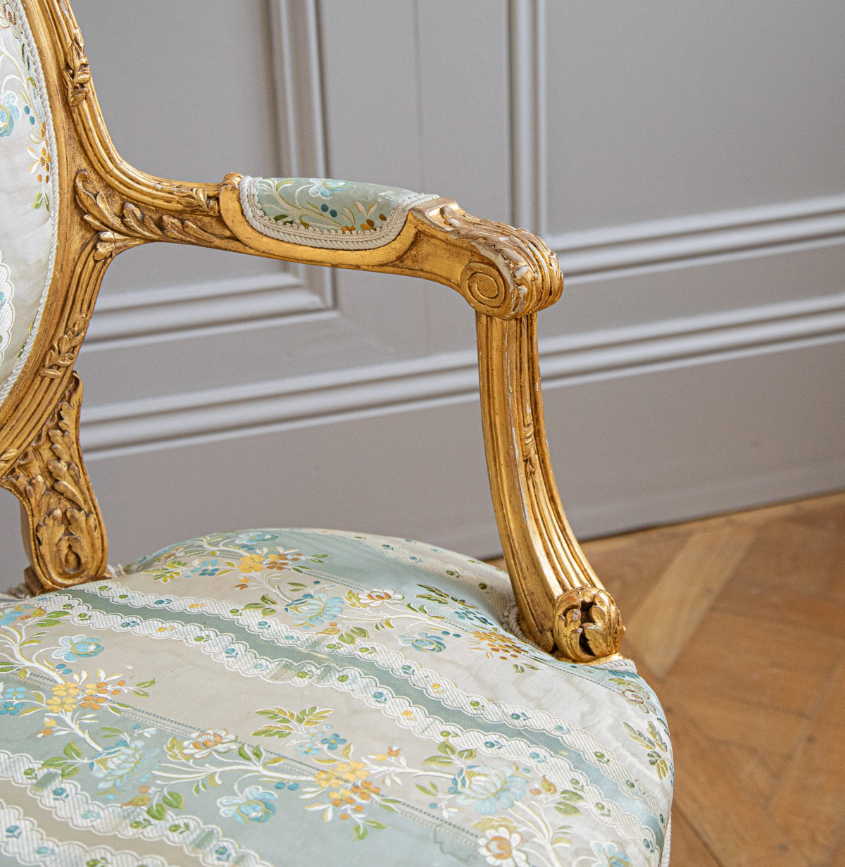 French Louis XVI Style Giltwood Armchair & Foot stool, Circa Late 1800's - La Maison London