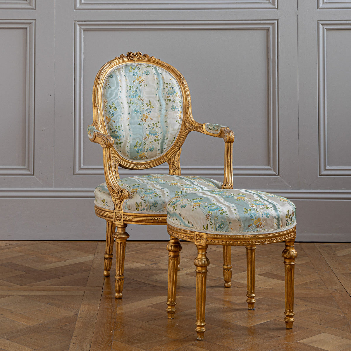French Louis XVI Style Giltwood Armchair & Foot stool, Circa Late 1800's - La Maison London