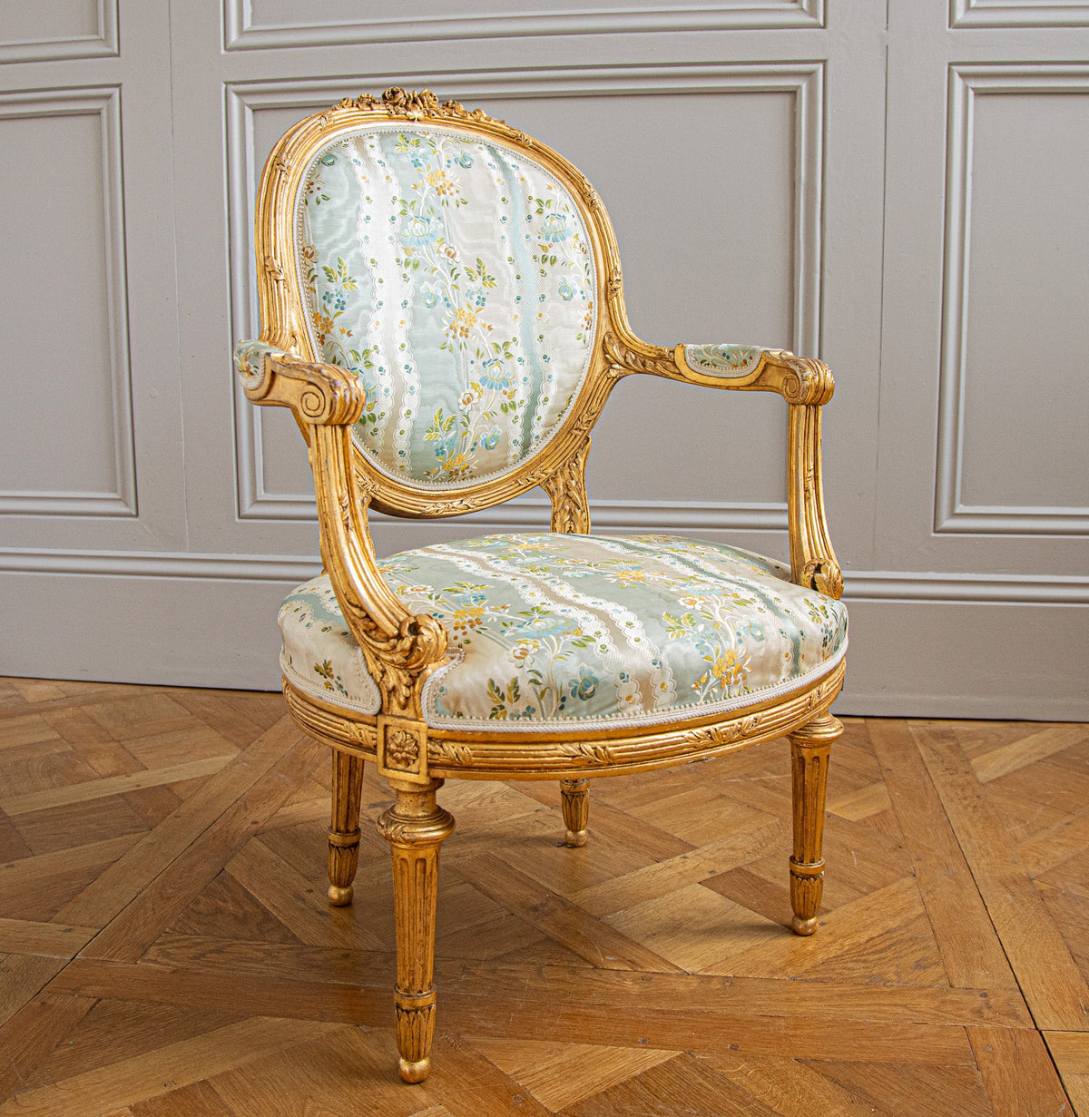 French Louis XVI Style Giltwood Armchair & Foot stool, Circa Late 1800's - La Maison London