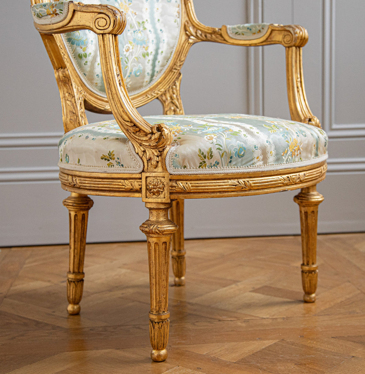 French Louis XVI Style Giltwood Armchair & Foot stool, Circa Late 1800's - La Maison London