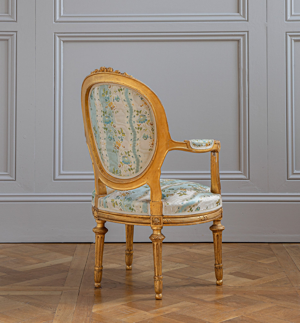 French Louis XVI Style Giltwood Armchair & Foot stool, Circa Late 1800's - La Maison London