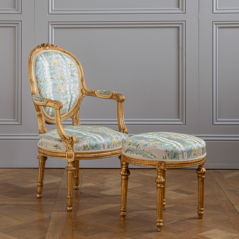 French Louis XVI Style Giltwood Armchair & Foot stool, Circa Late 1800's - La Maison London