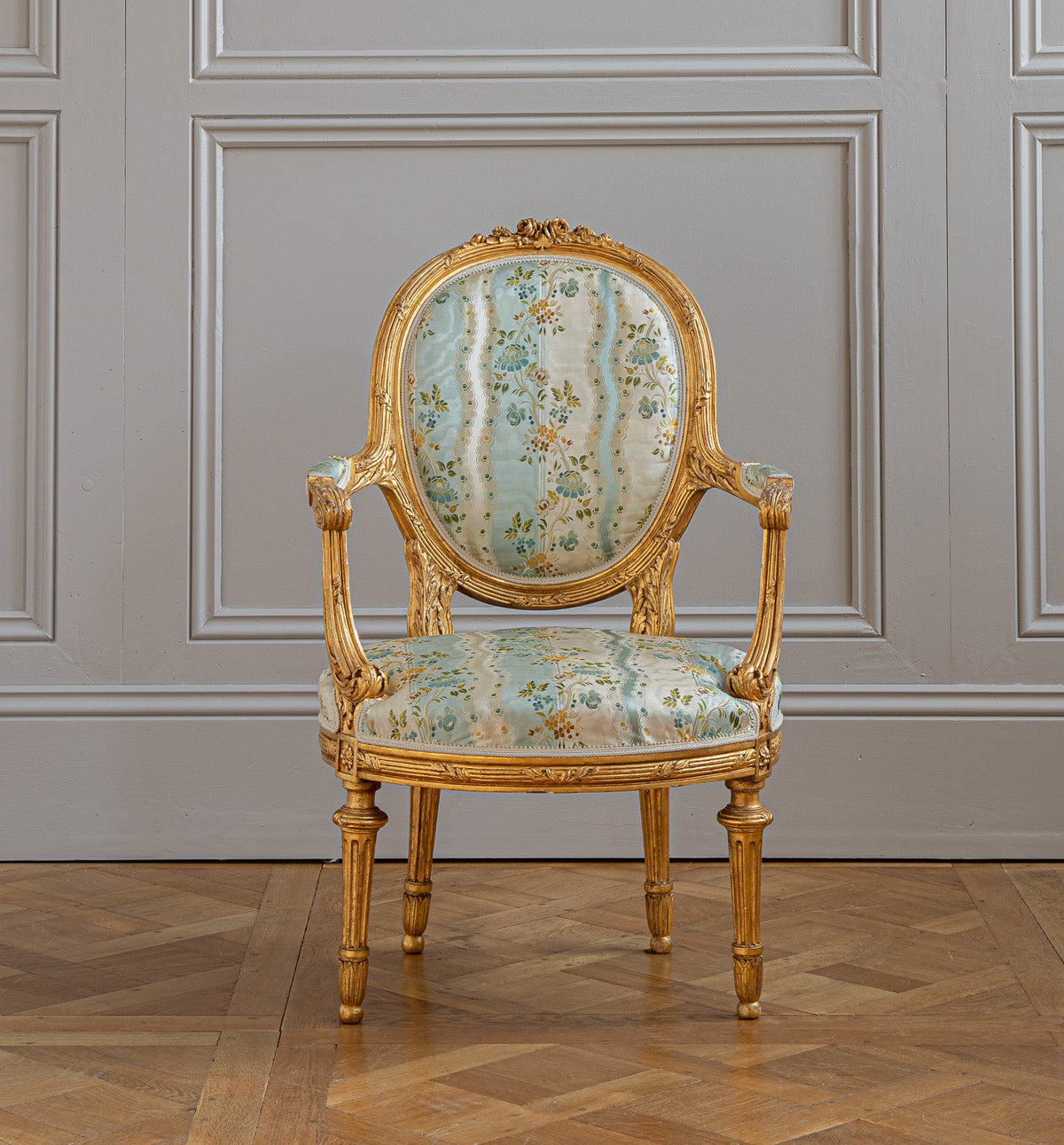French Louis XVI Style Giltwood Armchair & Foot stool, Circa Late 1800's - La Maison London