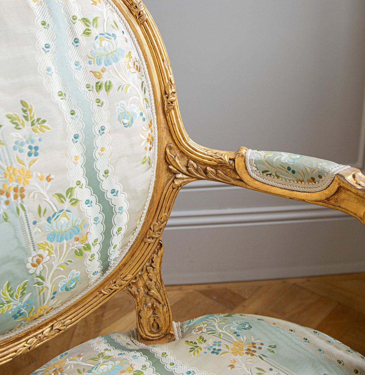 French Louis XVI Style Giltwood Armchair & Foot stool, Circa Late 1800's - La Maison London