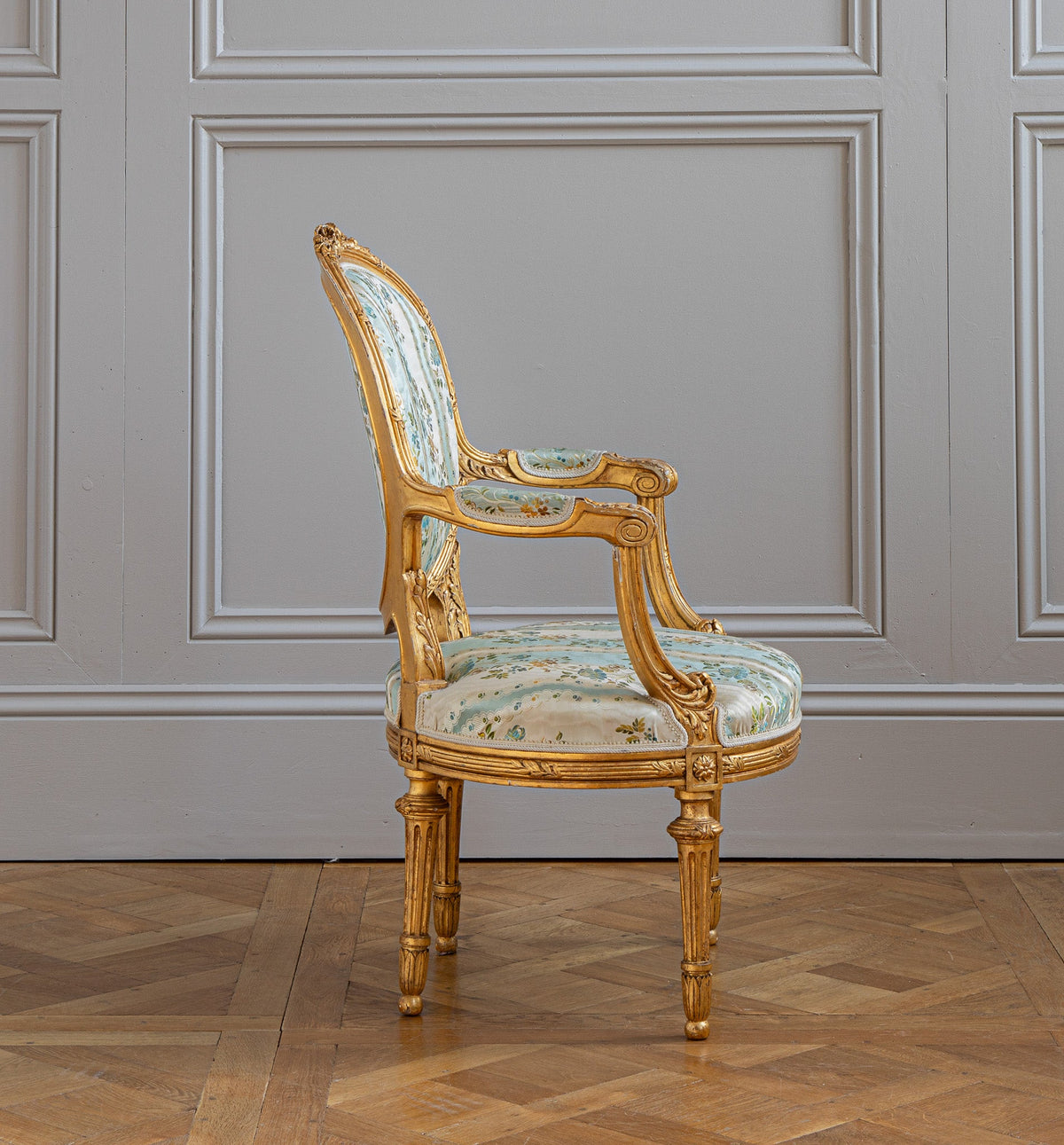 French Louis XVI Style Giltwood Armchair & Foot stool, Circa Late 1800's - La Maison London