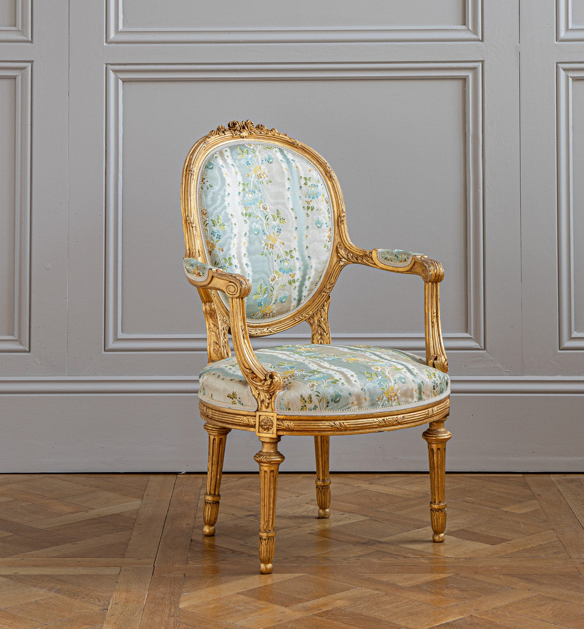 French Louis XVI Style Giltwood Armchair & Foot stool, Circa Late 1800's - La Maison London
