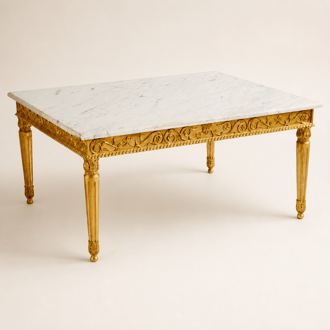 French Louis XVI Style Marble and Gilt Rectangular Coffee Table, Hand Carved With Marble - La Maison London