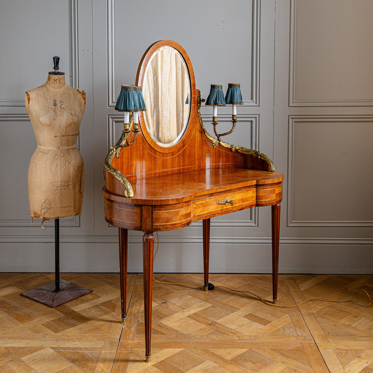 French Louis XVI Style Marquetry Dressing Table with Ormolu Lights, Belle Époque - La Maison London