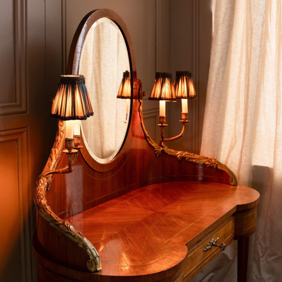 French Louis XVI Style Marquetry Dressing Table with Ormolu Lights, Belle Époque - La Maison London