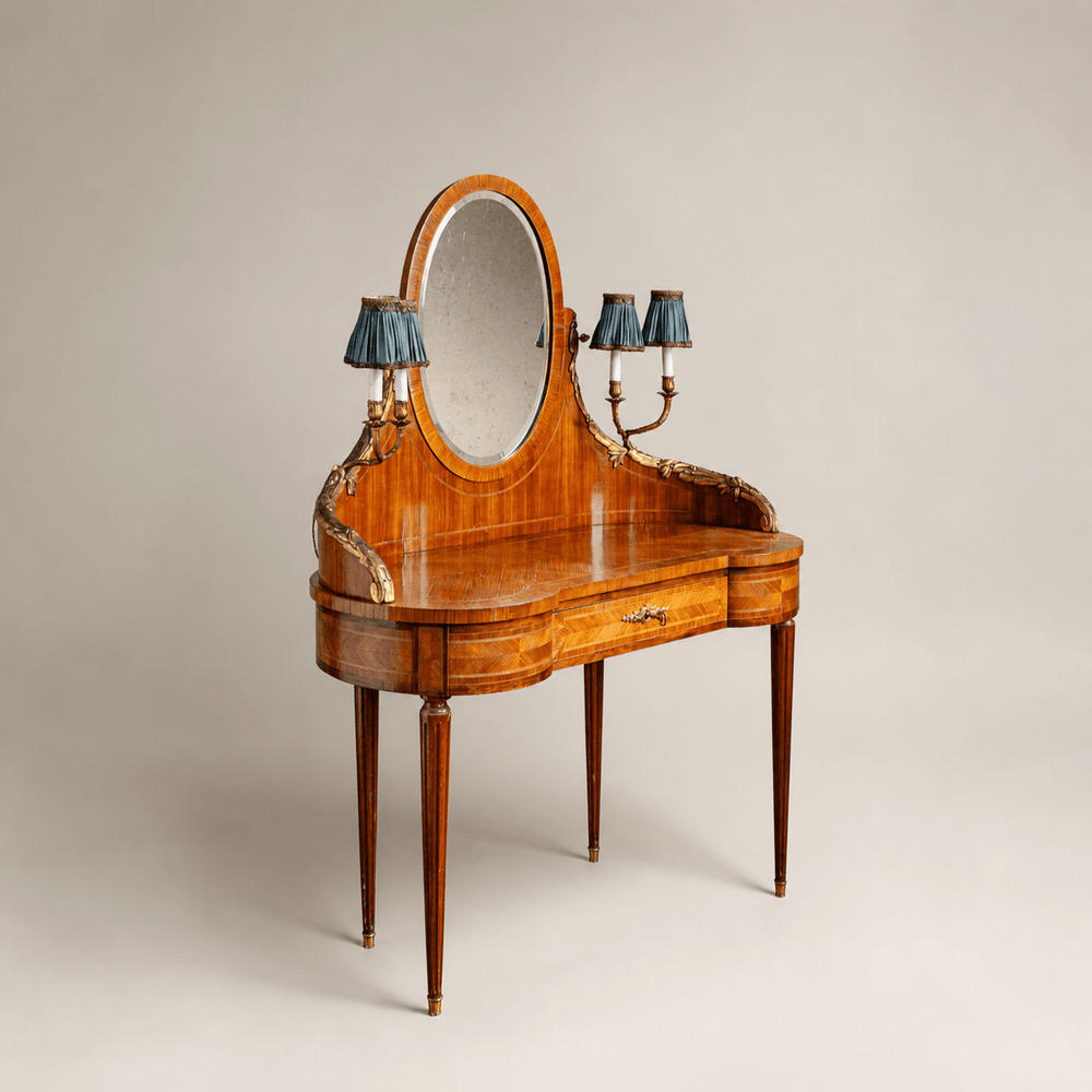 French Louis XVI Style Marquetry Dressing Table with Ormolu Lights, Belle Époque