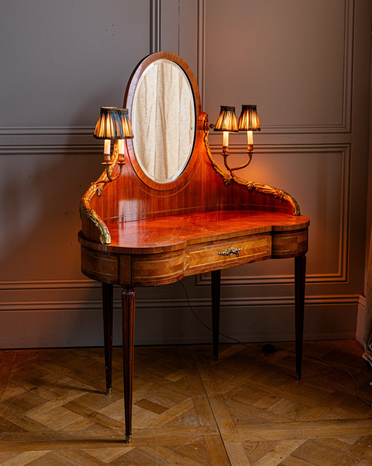 French Louis XVI Style Marquetry Dressing Table with Ormolu Lights, Belle Époque - La Maison London