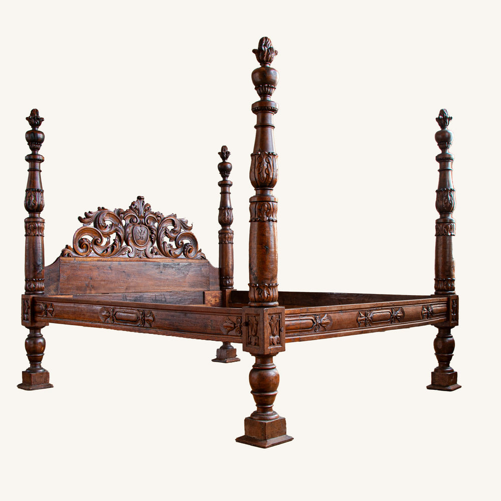 Italian Baroque Style Four Poster Bed In Carved Walnut, Circa Mid 1800's