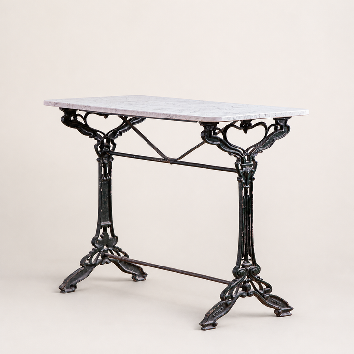 Antique French Art Nouveau cast iron bistro table with Carrara marble top