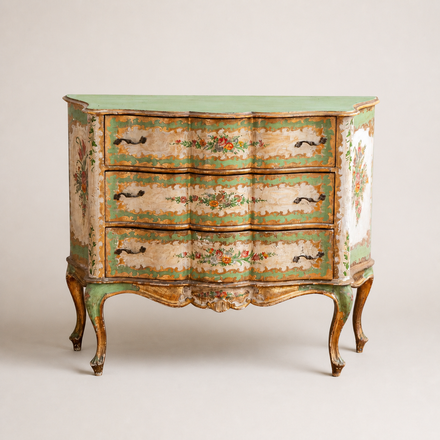 Italian floral painted and gilt serpentine commode, front view on a neutral studio background