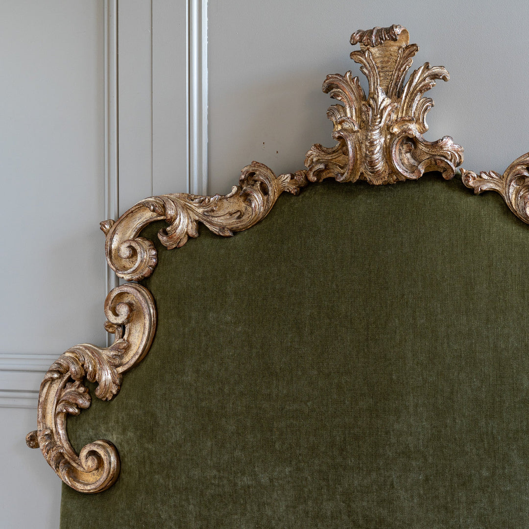 Large Antique Italian Rococo - Style Silver Leaf Upholstered Headboard - La Maison London
