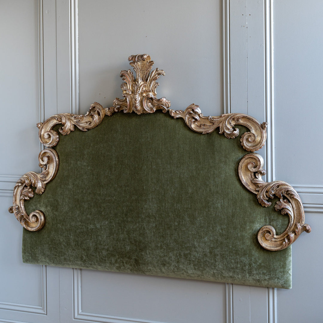 Large Antique Italian Rococo - Style Silver Leaf Upholstered Headboard - La Maison London