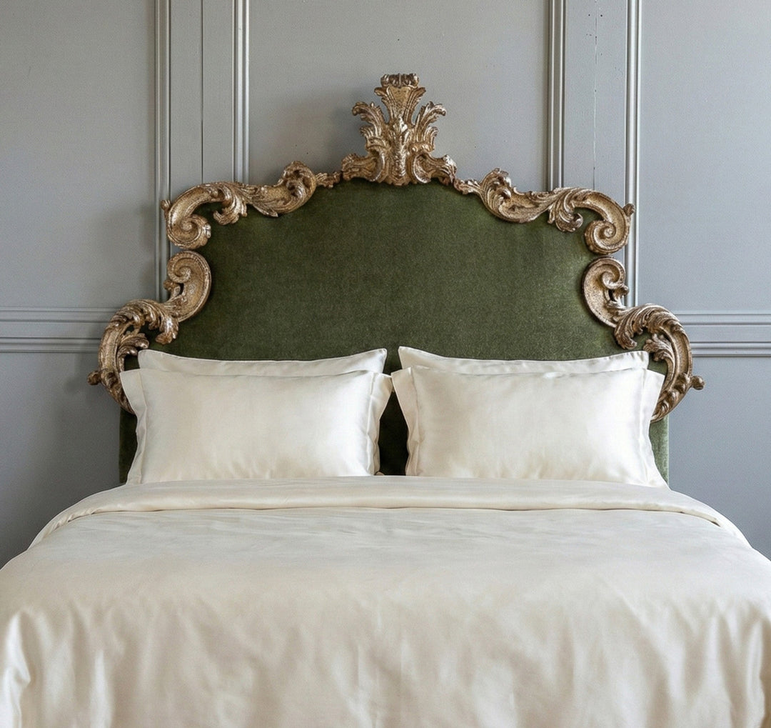 Large Antique Italian Rococo - Style Silver Leaf Upholstered Headboard - La Maison London