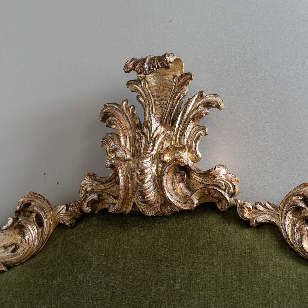 Large Antique Italian Rococo - Style Silver Leaf Upholstered Headboard - La Maison London