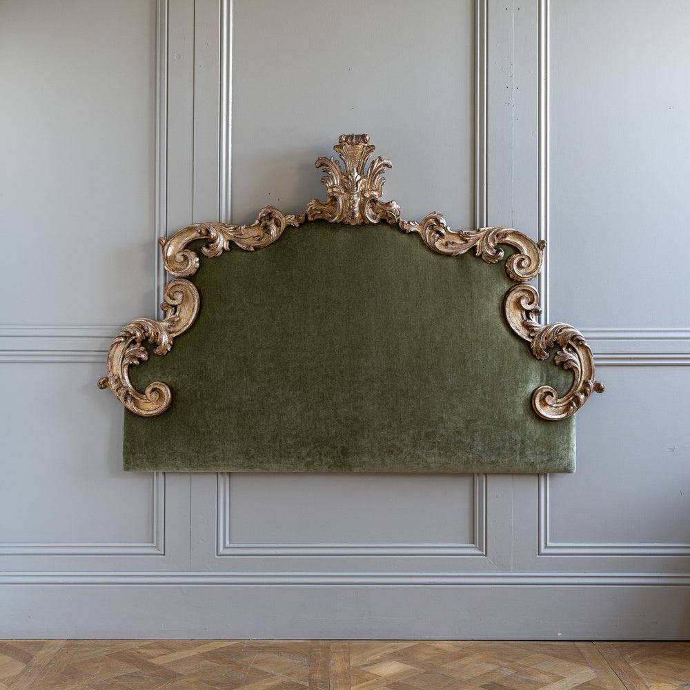 Large Antique Italian Rococo-Style Silver Leaf Upholstered Headboard