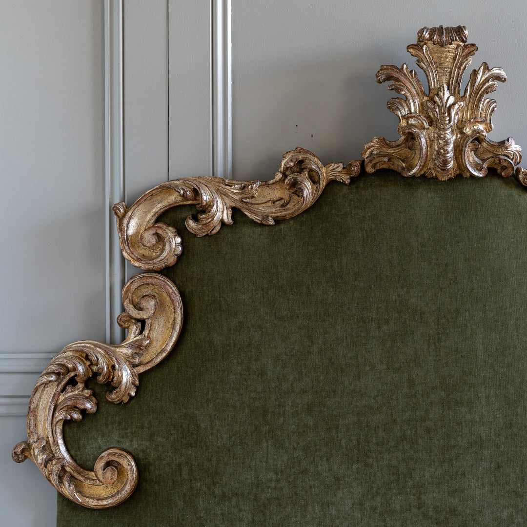 Large Antique Italian Rococo - Style Silver Leaf Upholstered Headboard - La Maison London