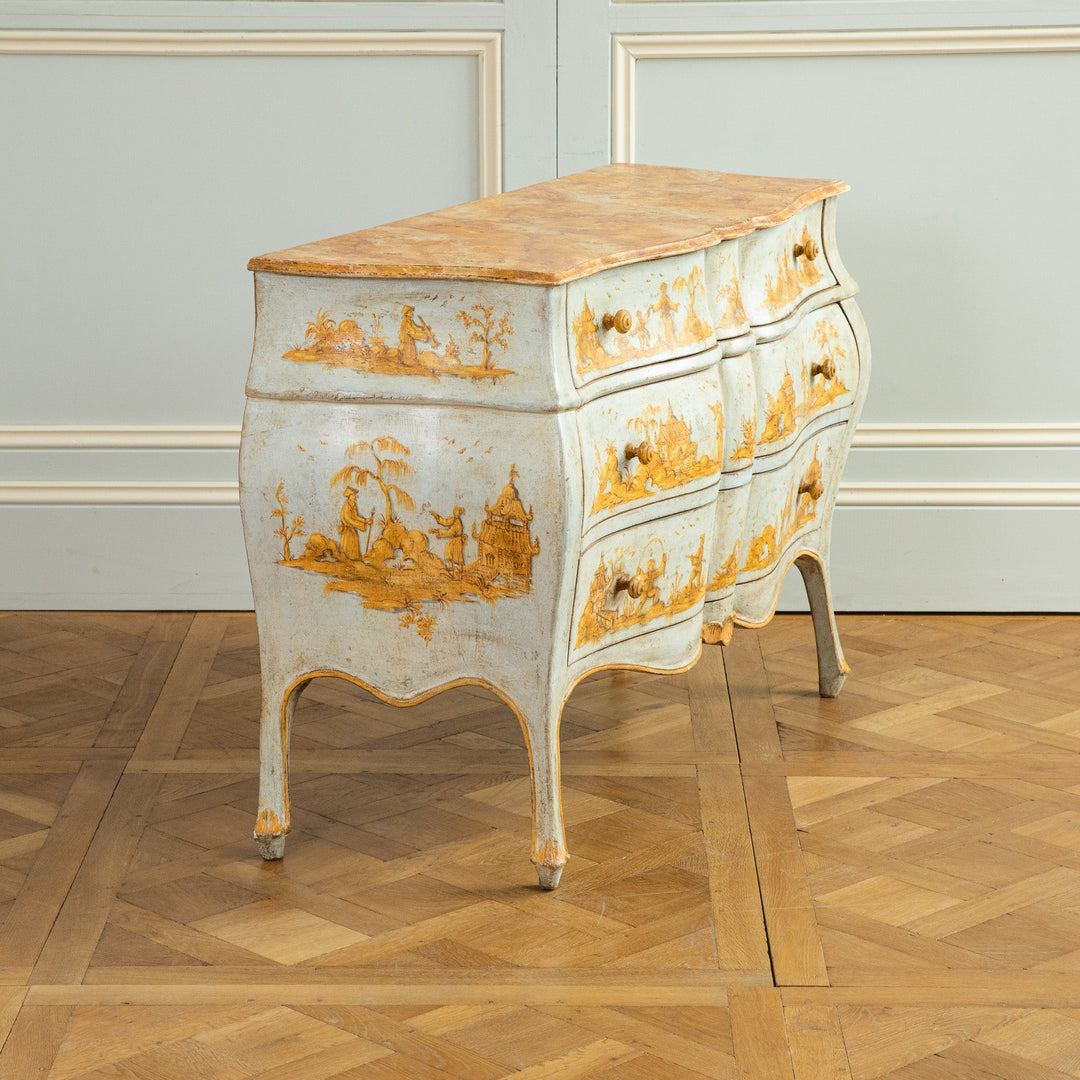 Late 19th C. Venetian Chest Painted in Chinoiserie Style of Blue & Yellow Ochres - La Maison London