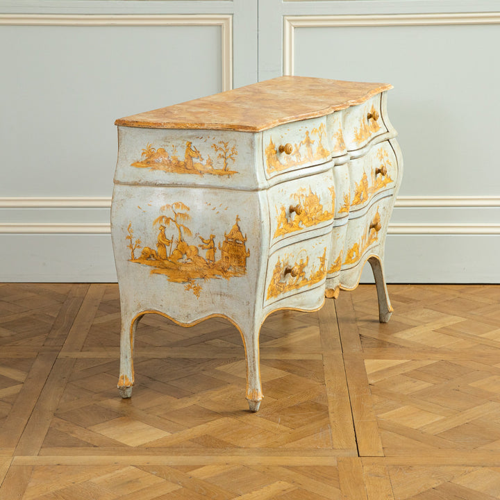 Late 19th C. Venetian Chest Painted in Chinoiserie Style of Blue & Yellow Ochres - La Maison London