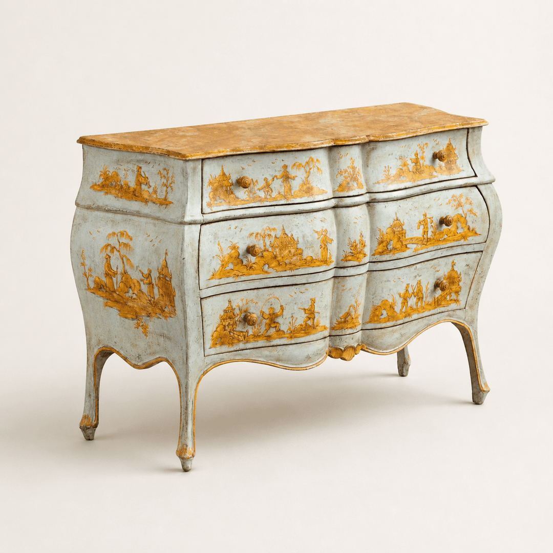 Late 19th C. Venetian Chest Painted in Chinoiserie Style of Blue & Yellow Ochres - La Maison London