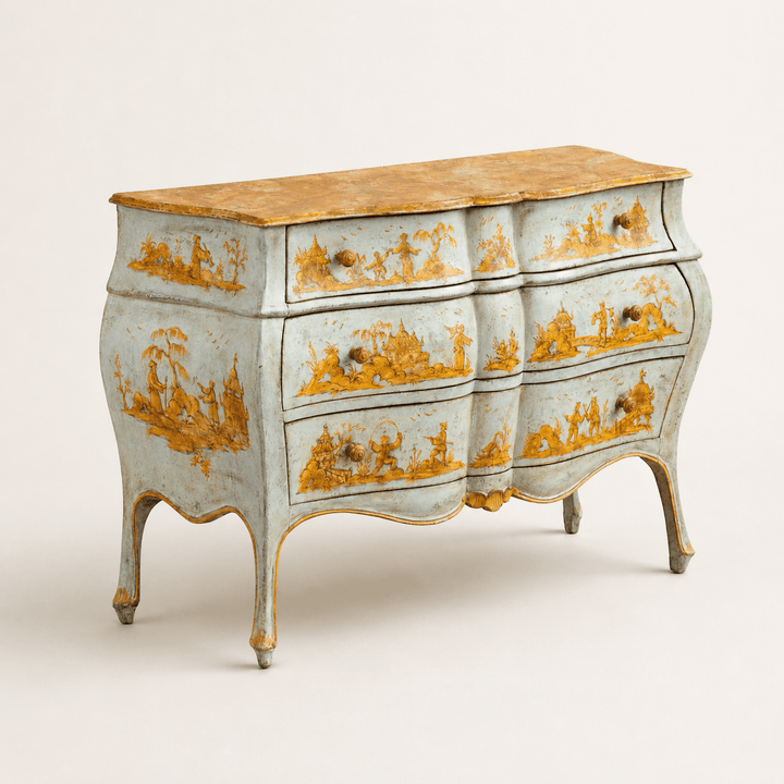 Late 19th C. Venetian Chest Painted in Chinoiserie Style of Blue & Yellow Ochres - La Maison London