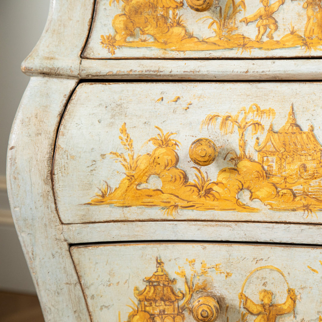Late 19th C. Venetian Chest Painted in Chinoiserie Style of Blue & Yellow Ochres - La Maison London