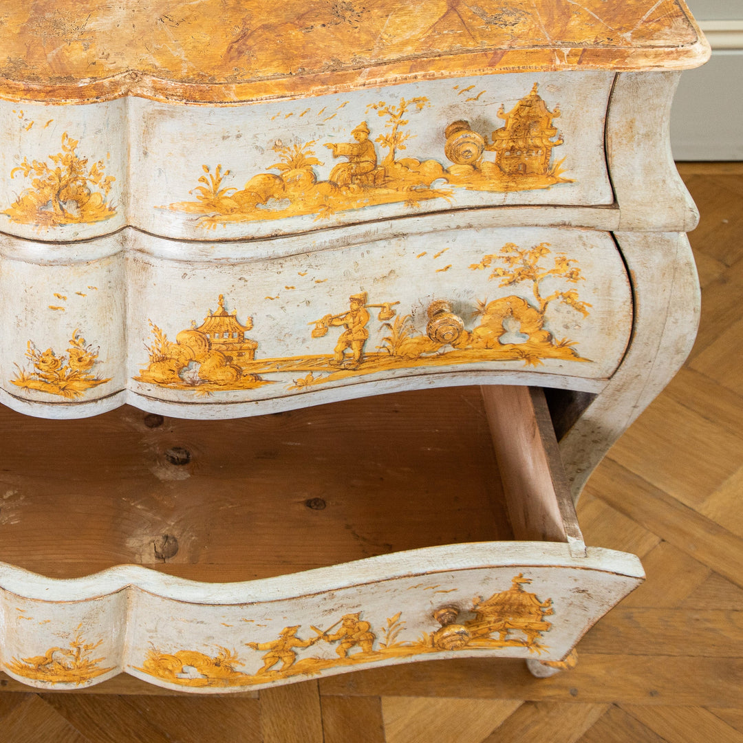 Late 19th C. Venetian Chest Painted in Chinoiserie Style of Blue & Yellow Ochres - La Maison London