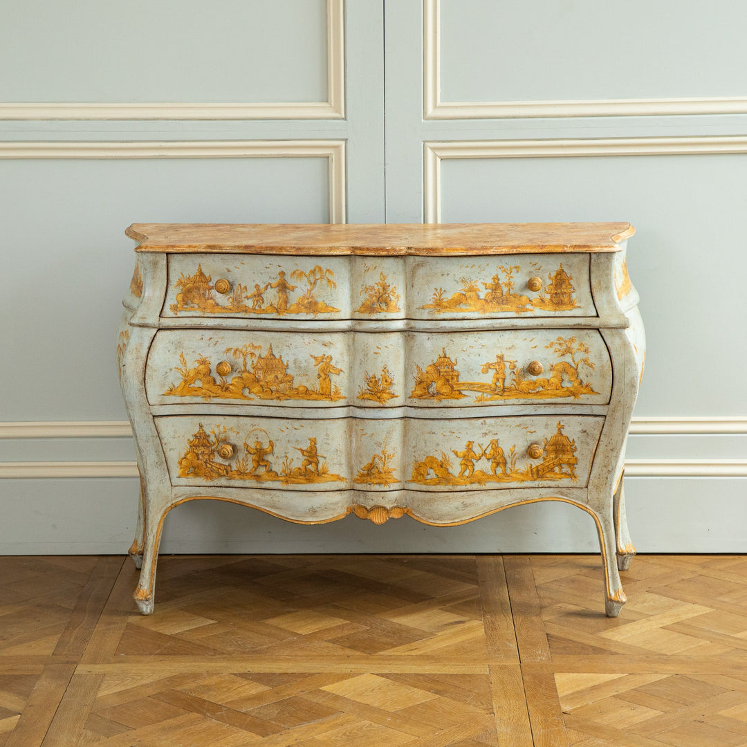 Late 19th C. Venetian Chest Painted in Chinoiserie Style of Blue & Yellow Ochres - La Maison London