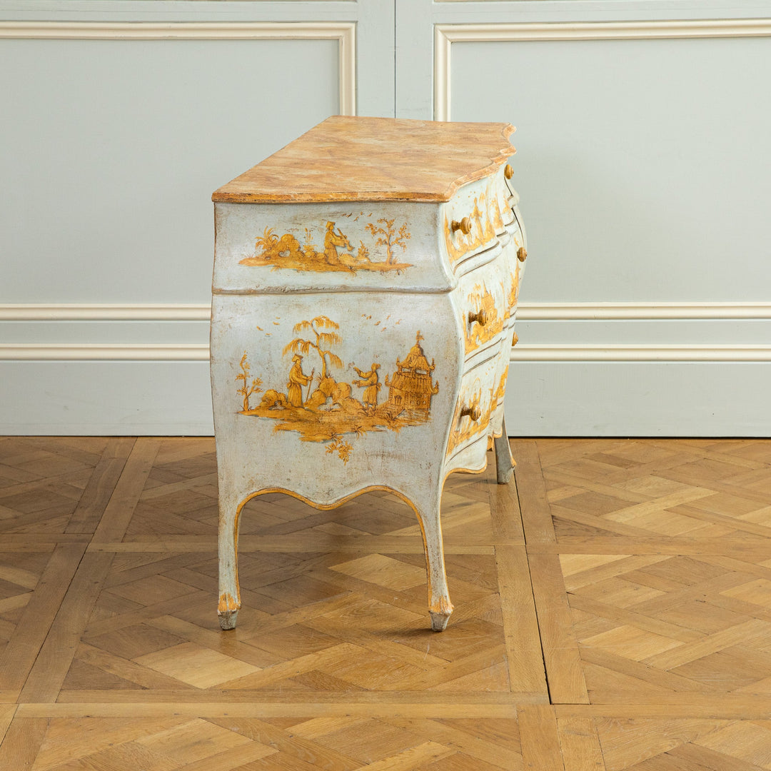 Late 19th C. Venetian Chest Painted in Chinoiserie Style of Blue & Yellow Ochres - La Maison London