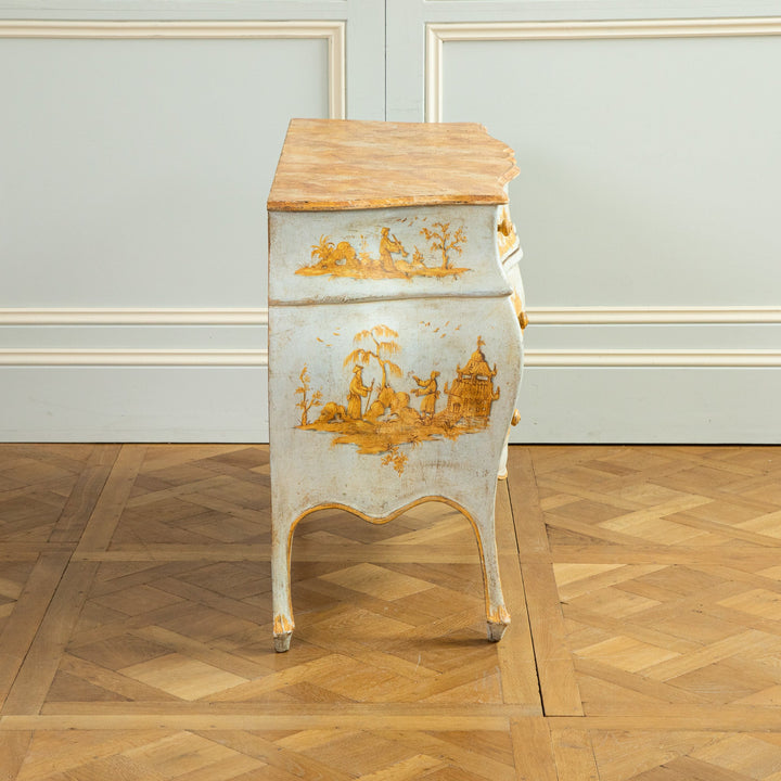 Late 19th C. Venetian Chest Painted in Chinoiserie Style of Blue & Yellow Ochres - La Maison London