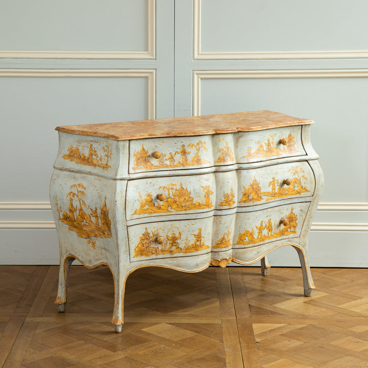 Late 19th C. Venetian Chest Painted in Chinoiserie Style of Blue & Yellow Ochres - La Maison London