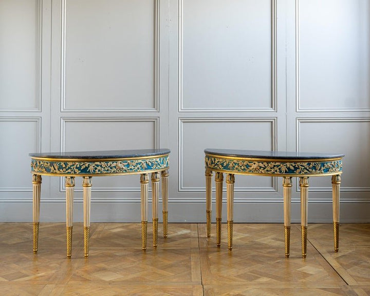 Louis XVI Parcel-Gilt Polychrome Demi-Lune Console Table - La Maison London
