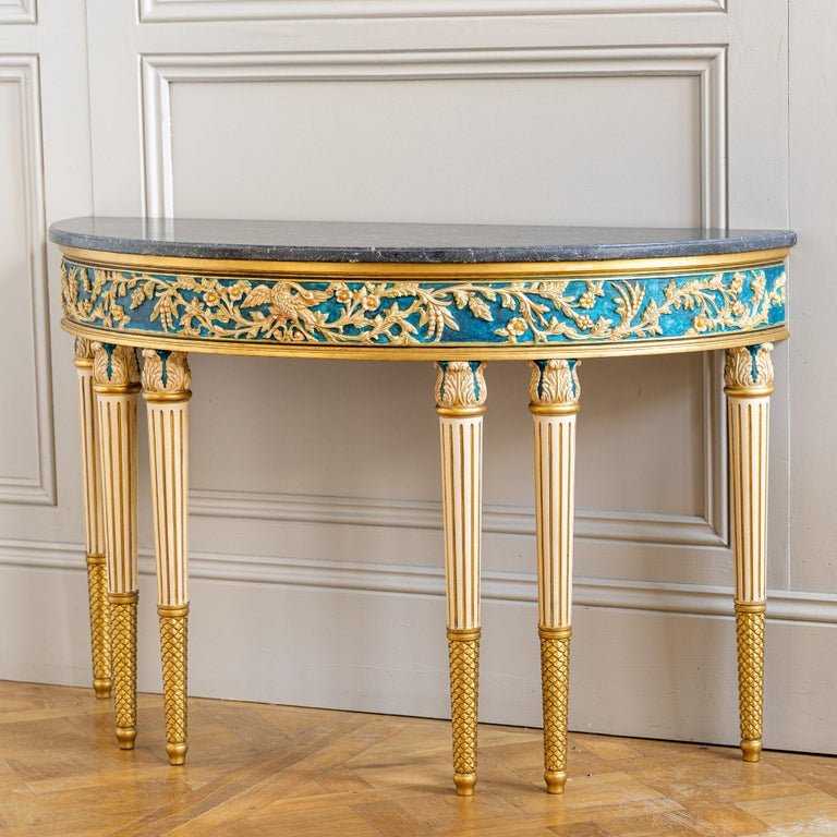 Louis XVI Parcel-Gilt Polychrome Demi-Lune Console Table - La Maison London