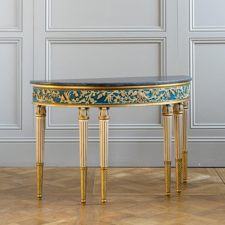 Louis XVI Parcel-Gilt Polychrome Demi-Lune Console Table - La Maison London