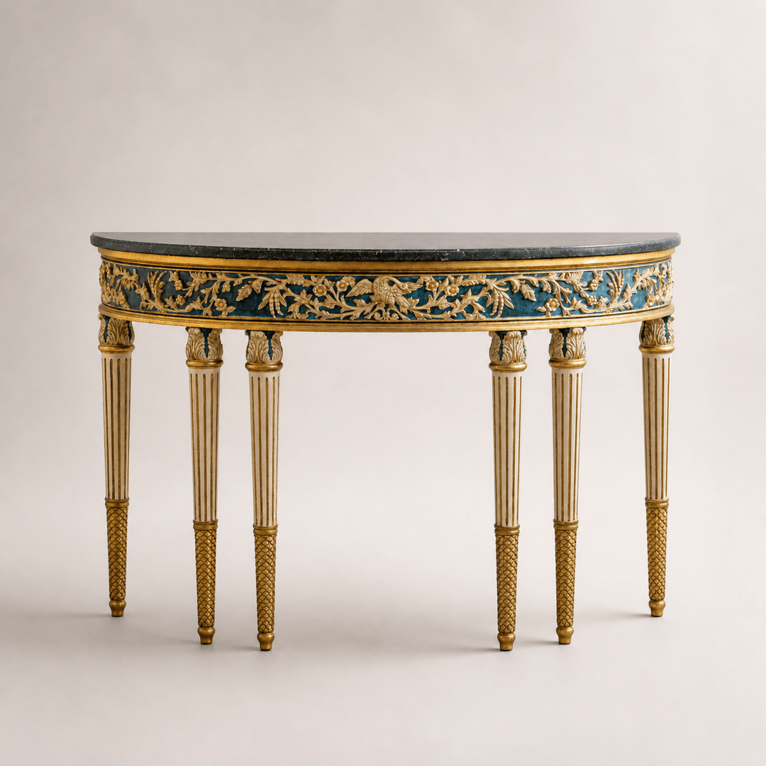 Louis XVI Parcel-Gilt Polychrome Demi-Lune Console Table - La Maison London