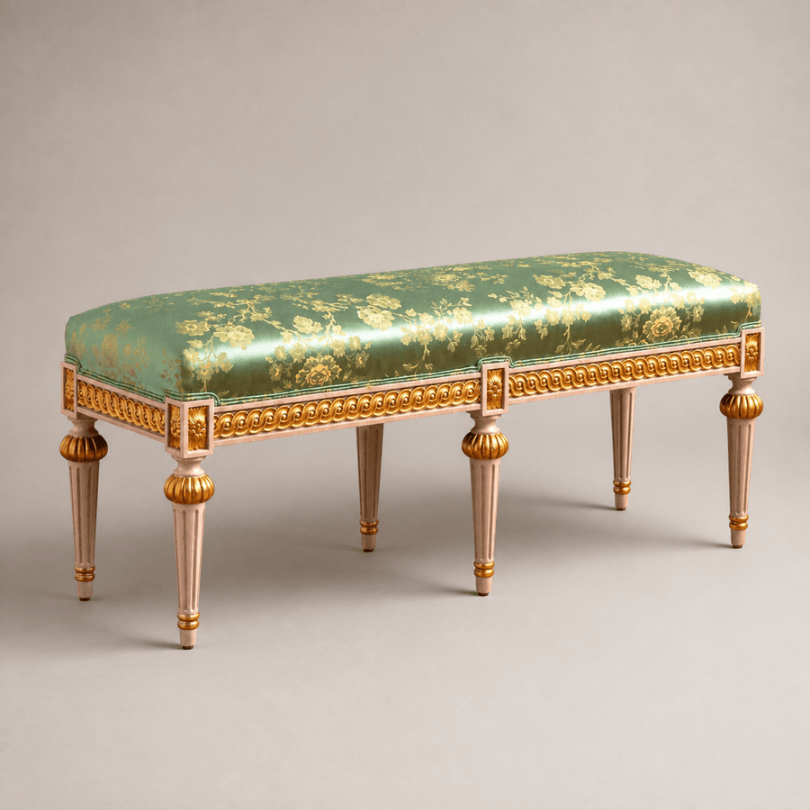 Louis XVI Style Polychrome, Parcel gilt bench - La Maison London
